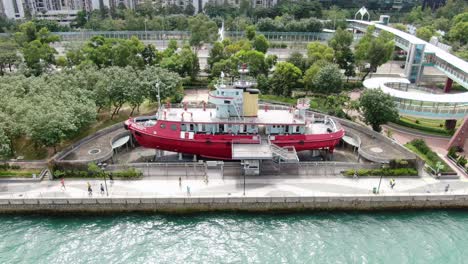 Hongkong-Waterfront-Stillgelegtes-Feuerlöschboot-Museum-Und-Ausstellungsgalerie,-Benannt-Nach-Alexander-Grantham,-Luftbild