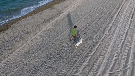 Man-Walking-a-white-dog-on-the-Beach