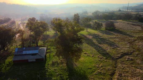 Real-time-drone-footage-of-a-misty-sunny-morning-over-Clarksville,-California,-USA,-showing-green-grassy-farmland,-tall-trees-and-farmstead-buildings