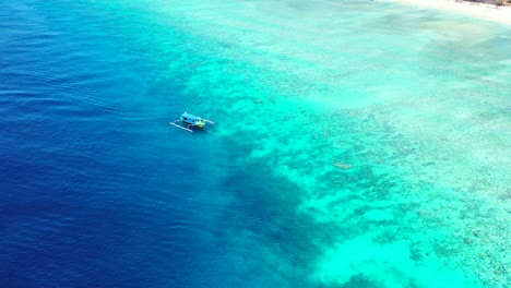 Isla-De-Palawan,-Filipinas---Mar-Azul-En-Calma-Con-árboles-Gloriosos-Y-Botes-Flotando-Junto-Al-Mar---Toma-Aérea
