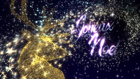Christmas-motion-graphics-with-a-golden-Reindeer-in-a-shower-of-glittering-particles-and-the-message-�Joyeux-Noel�,-in-French,-in-glowing-text