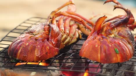 Lobster-halves-on-grate-are-grilled-on-open-fire-small-charcoal-stove,-close-up