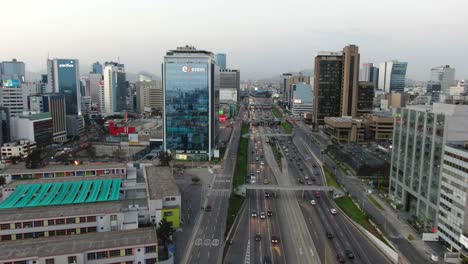 4k-Aerial-drone-footage-passing-near-the-GLS-and-ScotiaBank-buildings-and-looking-at-the-impressive-building-of-Entel-in-the-Financial-district-of-Lima,-Peru