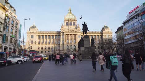 Static-view-of-Wenceslas-Square-in-Prague,-crowds-of-people-under-st-Wenceslas-statue,-spring-in-Czech-Republic