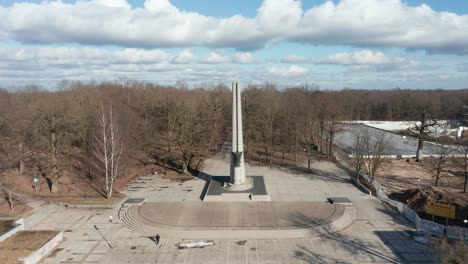 AERIAL:-Reveal-Shot-of-Darius-and-Girenas-Memorial-in-Kaunas-on-a-Cold-Chilly-Spring-Day