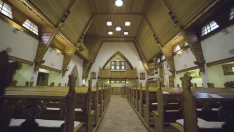 walking-Inside-a-wooden-church,-Hungary