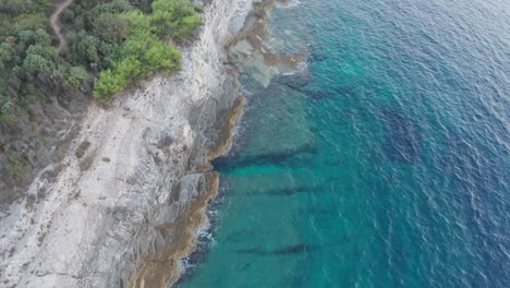 Aerial-top-down-shot-of-a-beautiful-shore-with-turquoise-clear-water-on-the-right-side-of-the-frame