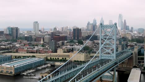 Wunderschöne-Push-in-Luftaufnahme-Der-Skyline-Von-Philadelphia,-Aufnahme-An-Der-Benjamin-Franklin-Bridge-In-Philadelphia,-Regnerischer,-Bewölkter-Sommertag