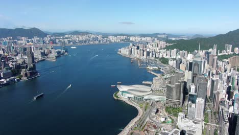 Hong-Kong-famous-Convention-and-Exhibition-Centre-building-in-Victoria-harbour,-Aerial-view