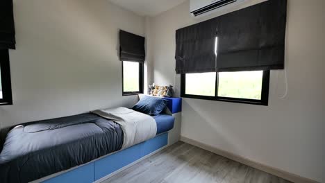 Blaue-Und-Graue-Moderne-Schlafzimmerdekoration-Mit-Einzelbett