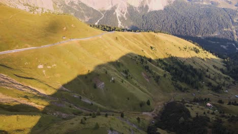 Aerial-view-reveals-Dolomites,-Val-Gardena,-Italy