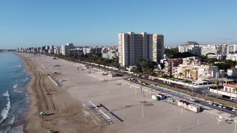 Aerial-overview-of-Playa-de-San-Juan,-urban-beach,-in-Alicante,-Spain