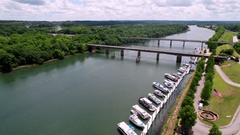 Boats-and-bridges-along-the-Savannah-River-Aerial-in-Augusta-Georgia