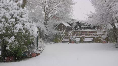 Peaceful-slow-motion-snowfall-in-a-snow-covered-garden