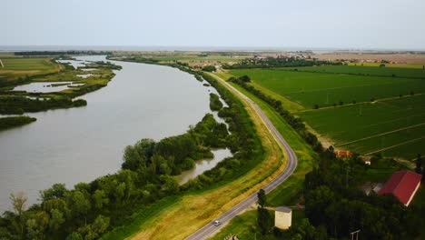 Po-delta-Italian-river-rural-landscape,-aerial-panoramic-view