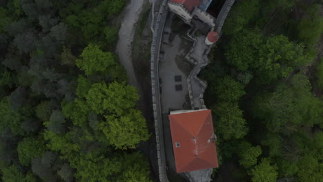 Overhead-aerial-view-of-Kokořín-castle-in-Czechia-surrounded-by-trees