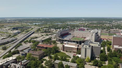 Aerial-Establishing-Shot-of-Nebraska-Huskers'-Memorial-Stadium