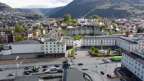 Traffic-at-busy-road-intersection-Danmarksplass-in-Bergen-city---Norway-aerial