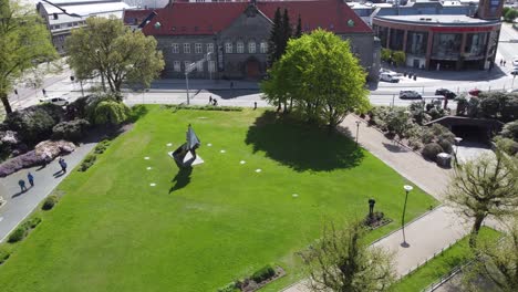 From-city-park-of-Bergen-to-public-library-and-shopping-mall-Bergen-Storsenter---Aerial