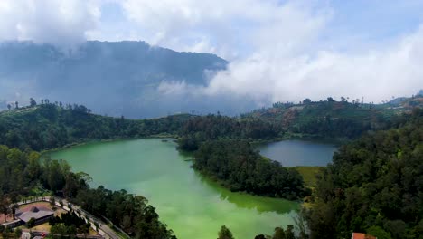 Aerial-view-of-Telaga-Warna-on-Dieng-plateau-in-Central-Java,-Indonesia