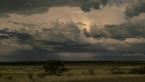 Dramatic-Thunderstorm-With-Lightning-Over-Field-In-Mabuasehube,-Kgalagadi-Transfrontier-Park-In-Botswana