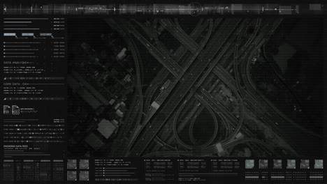 Futuristic-HUD-satellite-view-of-traffic-surveillance-on-a-busy-expressway-junctions-tracking-and-monitoring-highway-traffic-for-possible-target-vehicle