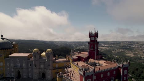 Visitors-at-the-Pena-Palace,-jewel-in-the-crown-of-Sintra-Hills,-Portugal