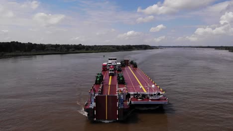 Aerial-Forward-Bow-View-Of-Dynamica-Transport-Barge-Navigating-Oude-Maas-Near-Barendrecht