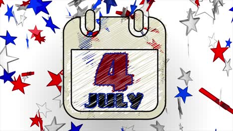 Clean-and-exciting-animated-motion-graphic-of-a-calendar-page-revealing-the-4th-of-July,-in-scribble-style,-with-large-falling-red-white-and-blue-stars