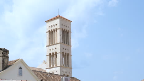 Bell-Tower-Of-The-Famous-Hvar-Cathedral-On-A-Sunny-Day-In-Hvar-Island,-Croatia