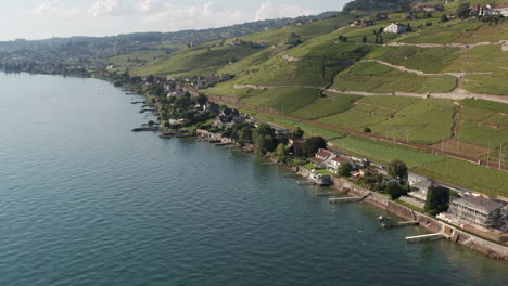 Flug-Vom-Genfersee-Zu-Wunderschönen-Häusern-Am-Seeufer-In-Der-Schweiz