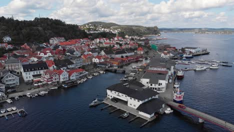 Drone-view-of-charming-Kragero-town-harbour-and-city-centre,-Norway