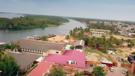 Cinematic-drone-shot-of-Aqua-Safari-Resort-in-Ghana,-West-Africa