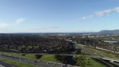 Birds-flying-very-close-in-front-of-drone-above-major-highway-arterial-on-summers-afternoon