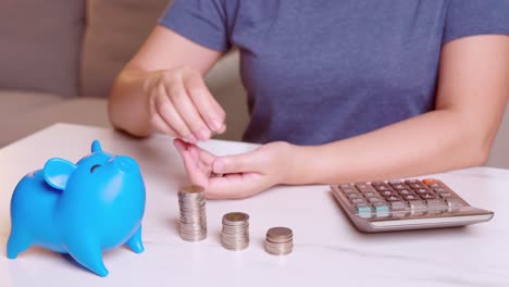 Women-use-calculators-and-put-money-coins-into-blue-piggy-banks-with-blank-metaphors-separate-kinds-of-money-for-spending-and-saving