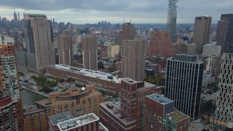 Aerial-view-towards-the-Borough-of-Manhattan-Community-College,-in-Tribeca,-New-York---tilt,-drone-shot
