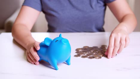 Hands-of-a-woman-putting-money-coin-into-blue-piggy-bank-with-blank-metaphor-separate-kind-of-money-for-spend-and-saving