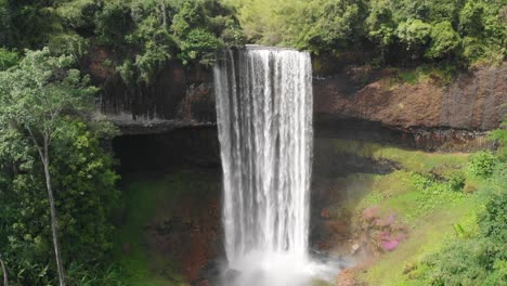 Laos-Tad-Tayicsua-Waterfall-aerial-drone-slow-motion-view,-of-popular-touristic-destination-near-Bolaven-Plateau