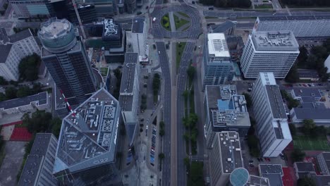A-drone-video-of-Rondo-ONZ-in-Warsaw,-Poland's-city-center