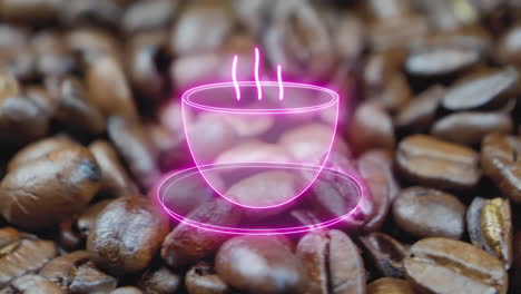 Macro-shot-of-brown-roasted-coffee-beans-and-glowing-coffee-cup-symbol-graphic---Falling-grains-with-animation