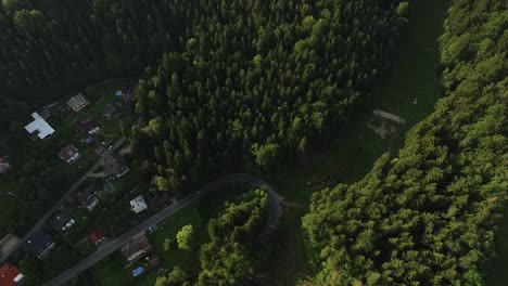 Top-down-aerial-drone-view-of-road-turn-and-white-car,-forest-and-village-around