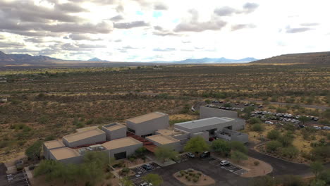 Green-Valley-Arizona,-modern-building-Performing-Arts-Center,-drone