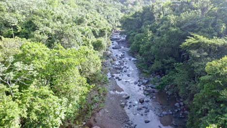 Countryside-Landscape-With-Lush-Vegetation-And-River-In-Dominican-Republic---aerial-drone-shot