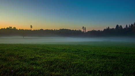 Time-lapse-of-a-dew-covered-grass-field-during-sunrise-with-fog-flowing-in-background-with-blue-and-orange-sky