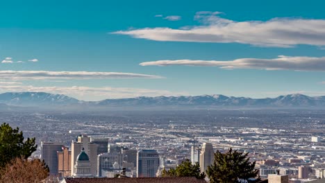 The-Salt-Lake-City-valley-and-skyline-with-the-Wasatch-Mountain-range-in-the-background-and-a-cloudscape-overhead---time-lapse