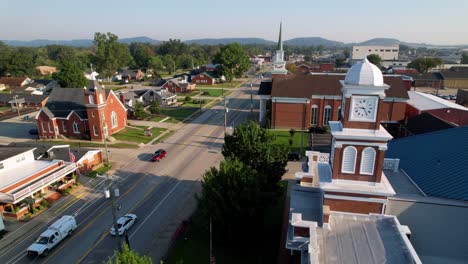 Courthouse-aerial-flyover-with-churches-in-background-in-Shepherdsville-Kentucky