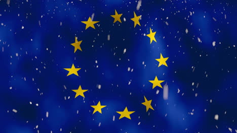 Schwenkende-Nationalflagge-Der-Europäischen-Union-Mit-Schneefall-VFX-Im-Vordergrund