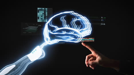 Menschliche-Finger-Und-Android-Zeigen-Auf-Ein-Digitales-Gehirn