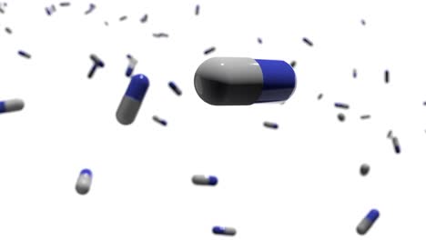 Viele-Blaue-Pillenkapseln-Für-Verschreibungspflichtige-Medikamente-In-Einem-Forschungslabor-Für-Pharmakologie-Und-Virologie-Als-Behandlung-Zur-Heilung-Von-Viren-Und-Krankheiten-In-Zeitlupe-Auf-Weißem-Hintergrund
