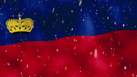 Waving-national-flag-of-Lichtenstein-with-snowfall-VFX-in-foreground